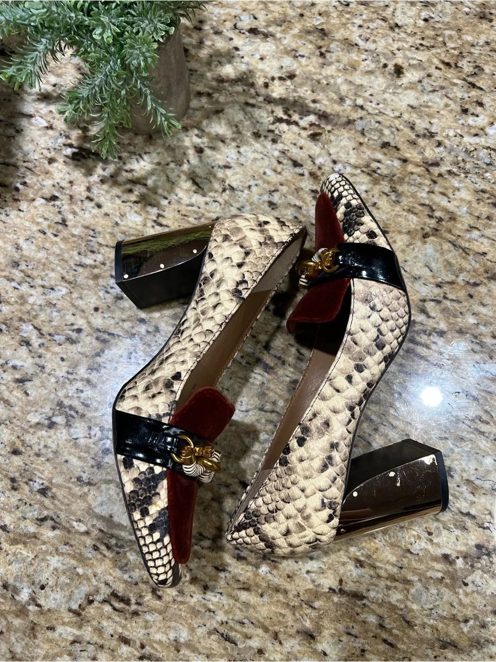 Tory Burch Jessa Velvet & Snake Leather Print Burgundy and Brown Loafers 8.5M